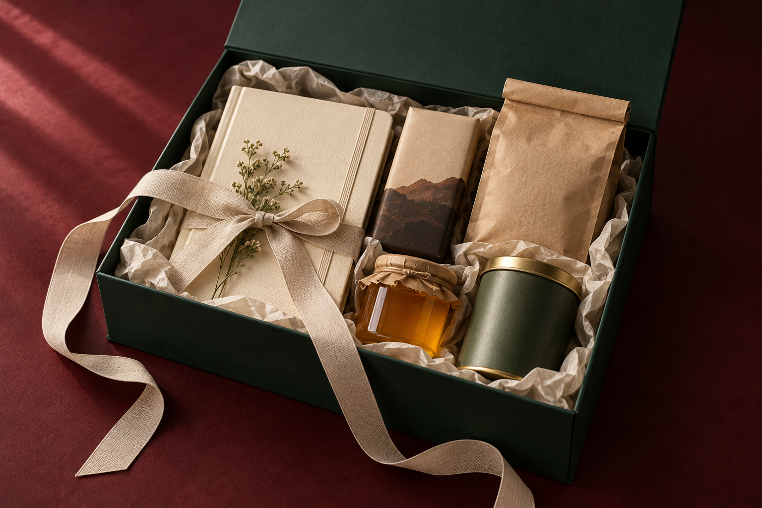 Geschenkbox mit Journal, Kaffee, Honig, Schokolade und Tee